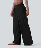 Crossover Low Rise Casual Baggy Trousers with Pockets — Black — view 3