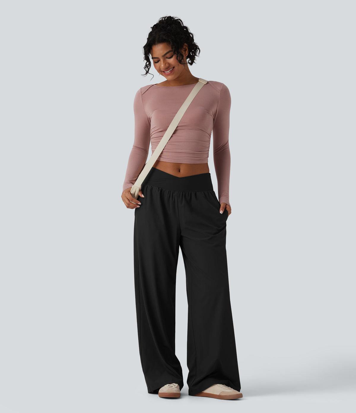 Crossover Low Rise Casual Baggy Trousers with Pockets — Black — view 6
