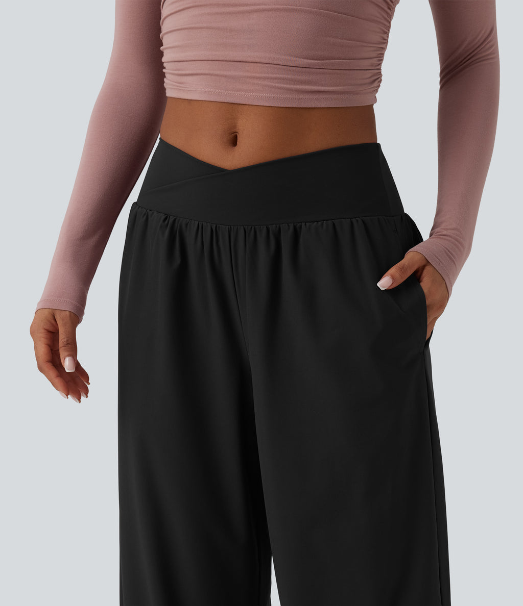 Crossover Low Rise Casual Baggy Trousers with Pockets — Black — view 4