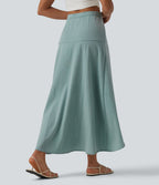 High Waisted High Low Maxi Casual Linen-Feel Skirt — Silverwood Sage — view 3