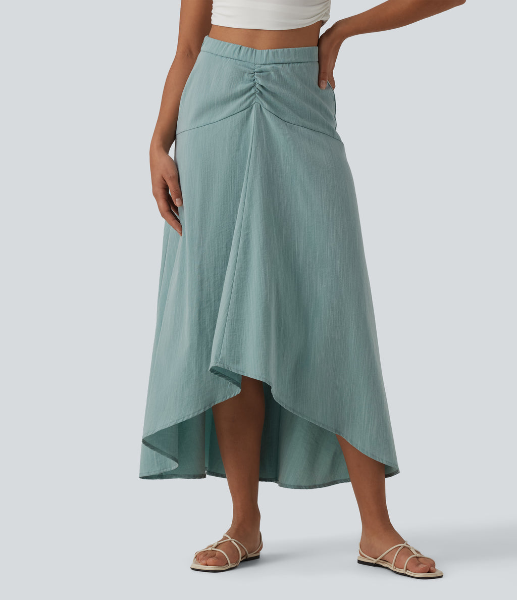 High Waisted High Low Maxi Casual Linen-Feel Skirt — Silverwood Sage — view 5
