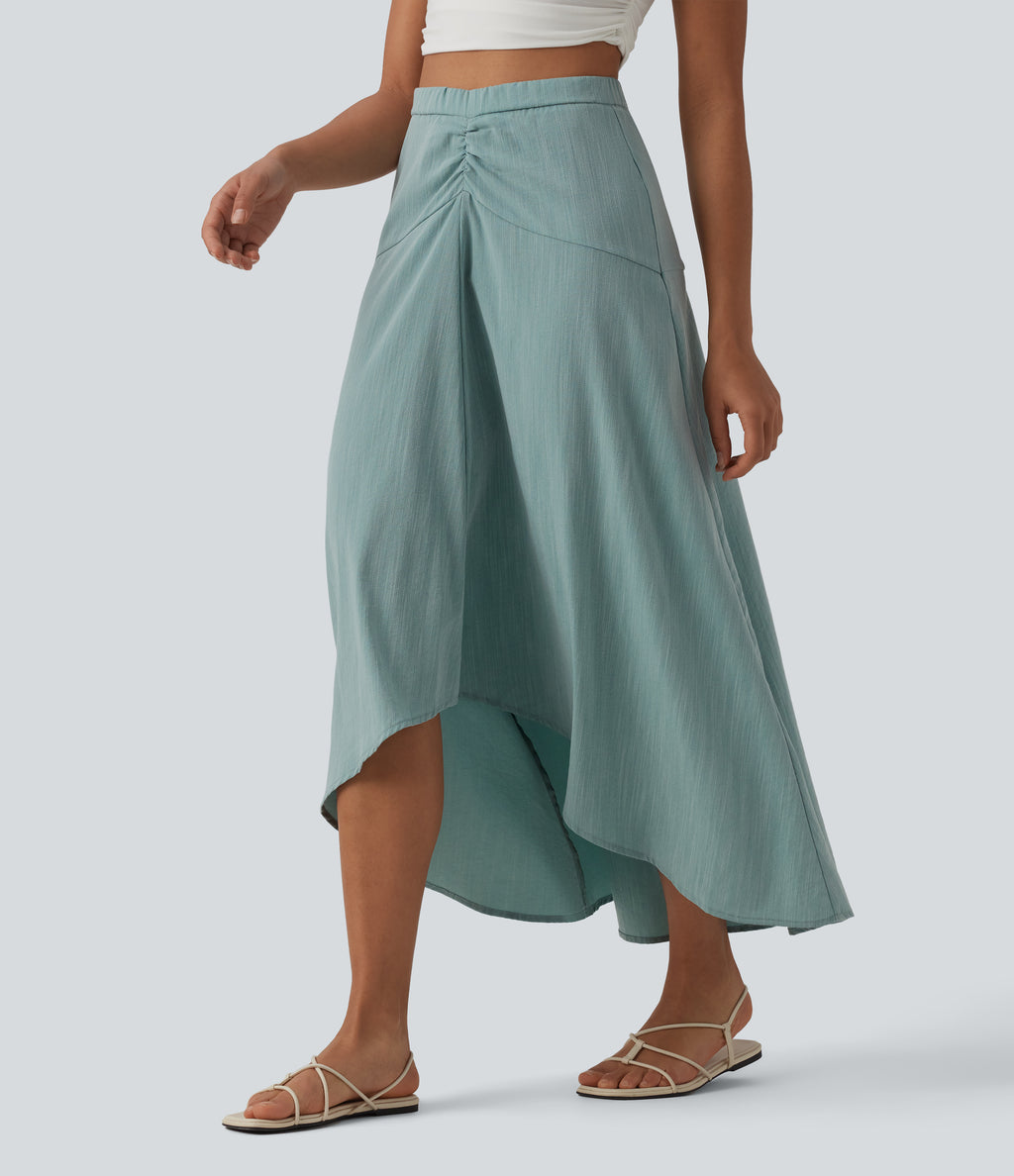 High Waisted High Low Maxi Casual Linen-Feel Skirt — Silverwood Sage — view 4
