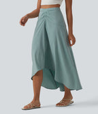 High Waisted High Low Maxi Casual Linen-Feel Skirt — Silverwood Sage — view 4