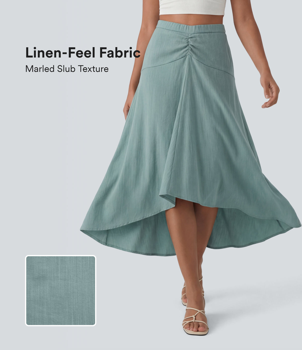 High Waisted High Low Maxi Casual Linen-Feel Skirt — Silverwood Sage — view 2