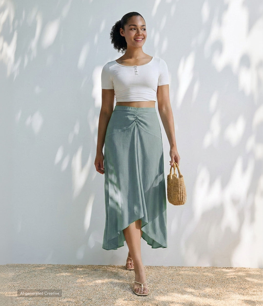 High Waisted High Low Maxi Casual Linen-Feel Skirt — Silverwood Sage — view 1