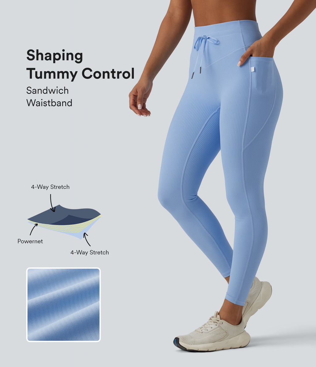 Ribbed Knit High Waisted Drawstring Tummy Control Quick Dry Workout Leggings with Pockets-UPF50+ — Placid Blue — view 1
