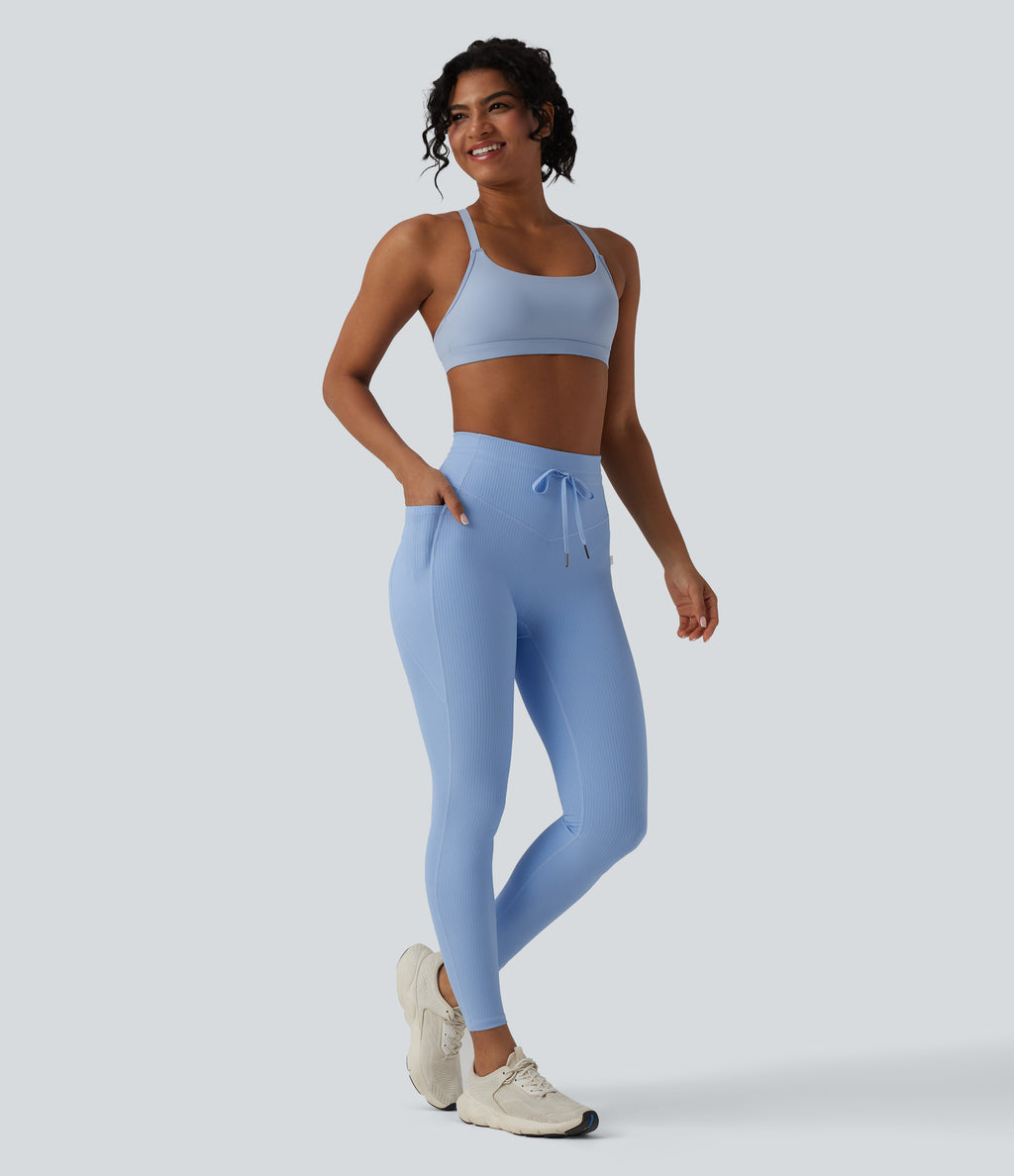 Ribbed Knit High Waisted Drawstring Tummy Control Quick Dry Workout Leggings with Pockets-UPF50+ — Placid Blue — view 6