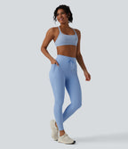 Ribbed Knit High Waisted Drawstring Tummy Control Quick Dry Workout Leggings with Pockets-UPF50+ — Placid Blue — view 6