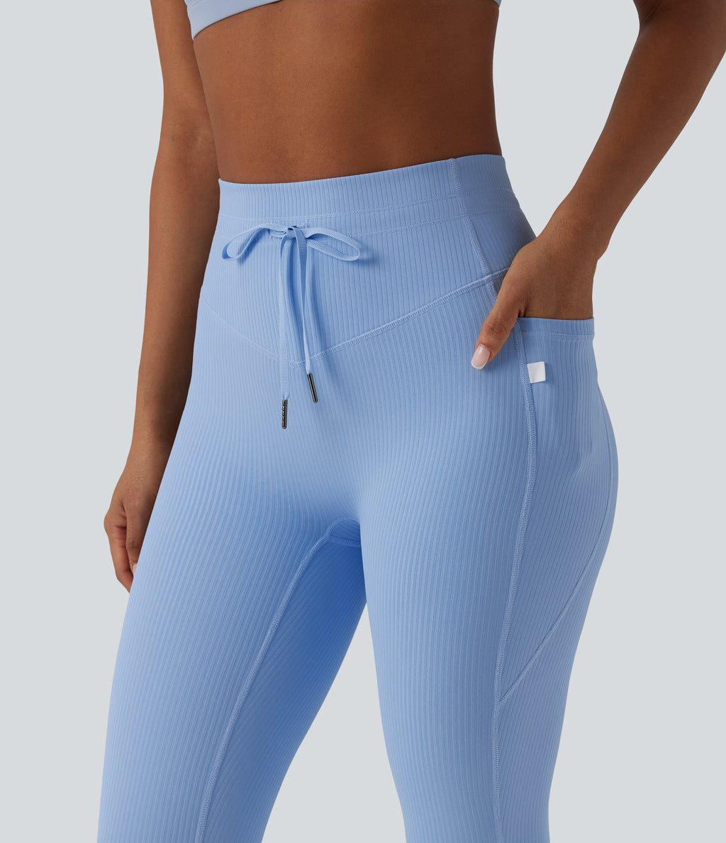 Ribbed Knit High Waisted Drawstring Tummy Control Quick Dry Workout Leggings with Pockets-UPF50+ — Placid Blue — view 4