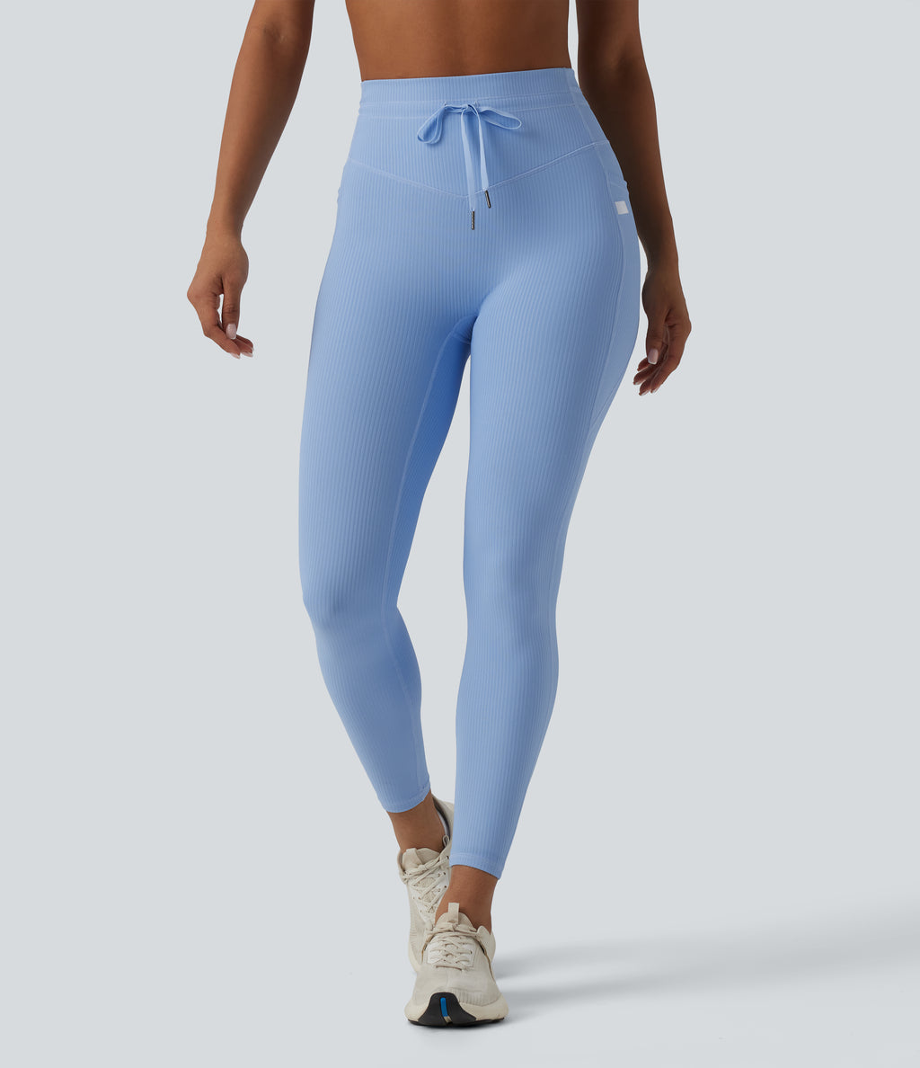 Ribbed Knit High Waisted Drawstring Tummy Control Quick Dry Workout Leggings with Pockets-UPF50+ — Placid Blue — view 3