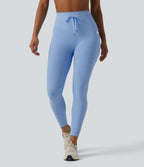 Ribbed Knit High Waisted Drawstring Tummy Control Quick Dry Workout Leggings with Pockets-UPF50+ — Placid Blue — view 3