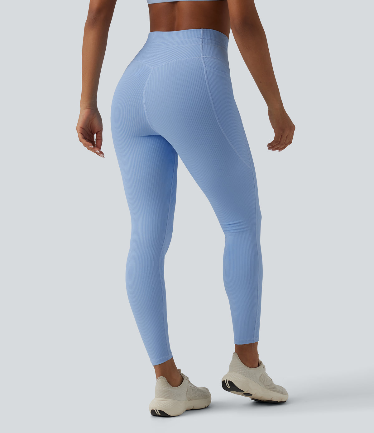 Ribbed Knit High Waisted Drawstring Tummy Control Quick Dry Workout Leggings with Pockets-UPF50+ — Placid Blue — view 2