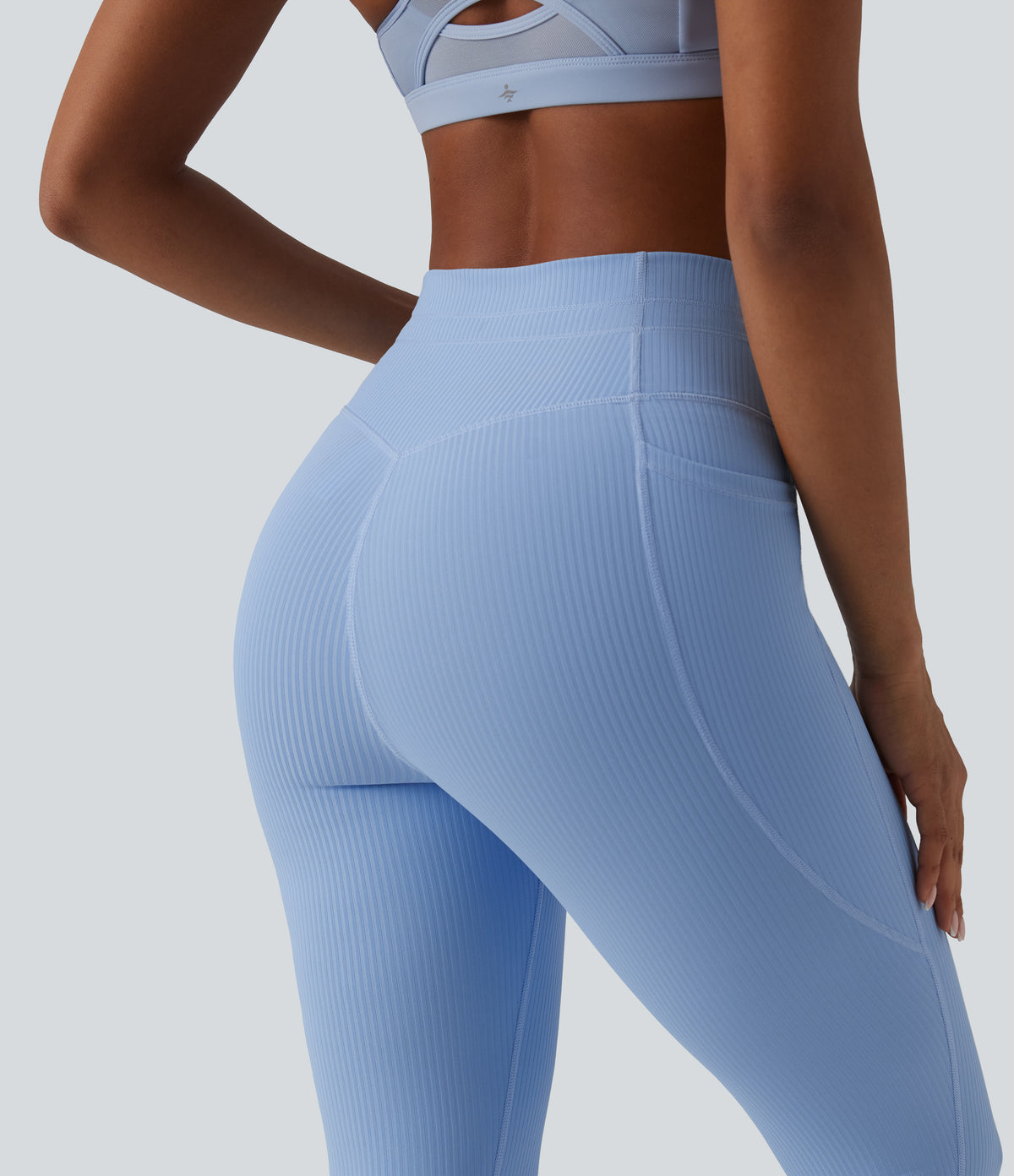 Ribbed Knit High Waisted Drawstring Tummy Control Quick Dry Workout Leggings with Pockets-UPF50+ — Placid Blue — view 5