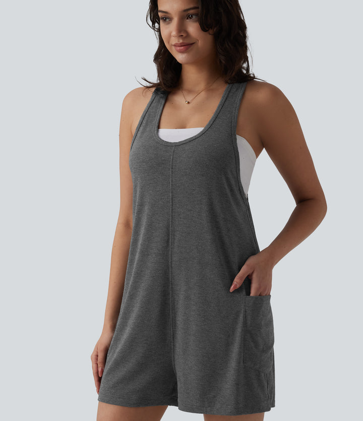 U Neck Heathered Casual Playsuit with Pockets — Mottled Dark Grey — view 1