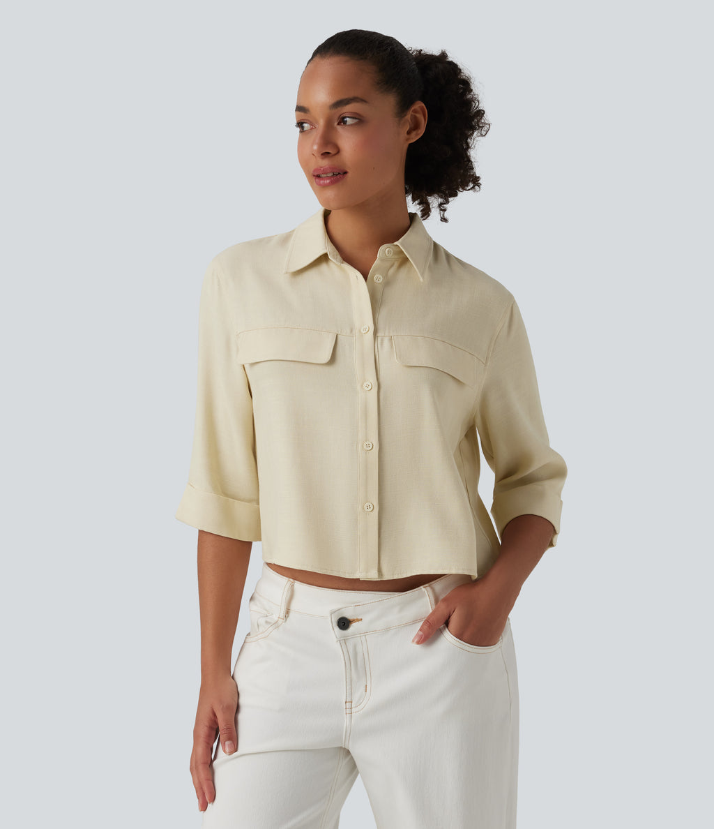Half Sleeve Casual Linen-Blend Shirt — Desert Veil — view 3