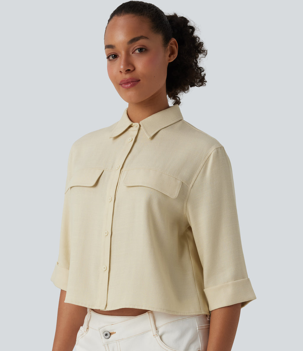 Half Sleeve Casual Linen-Blend Shirt — Desert Veil — view 1