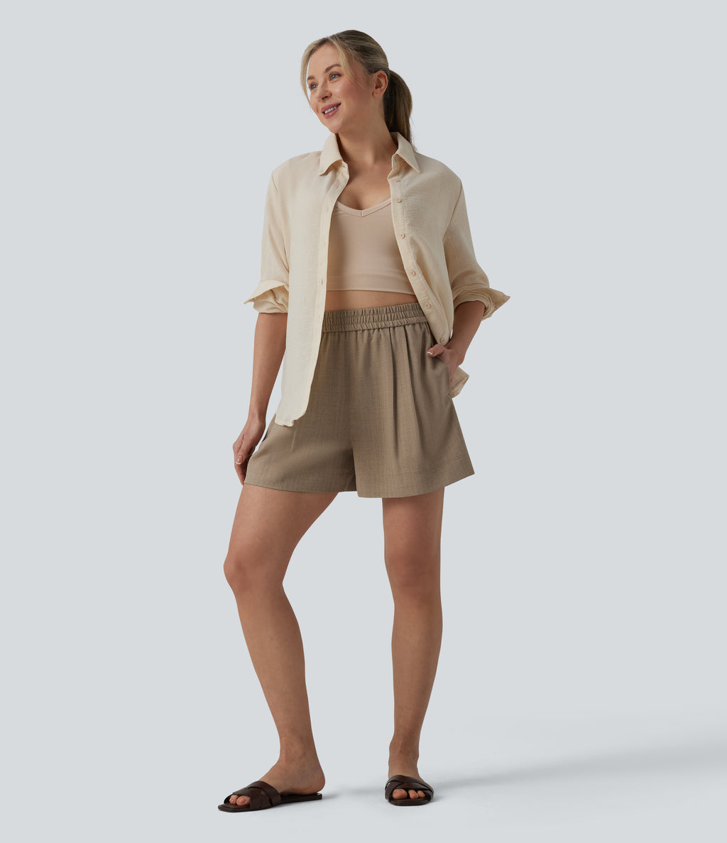 High Waisted Casual Linen-Feel Shorts with Pockets — Portabella — view 5