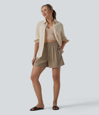 High Waisted Casual Linen-Feel Shorts with Pockets — Portabella — view 5