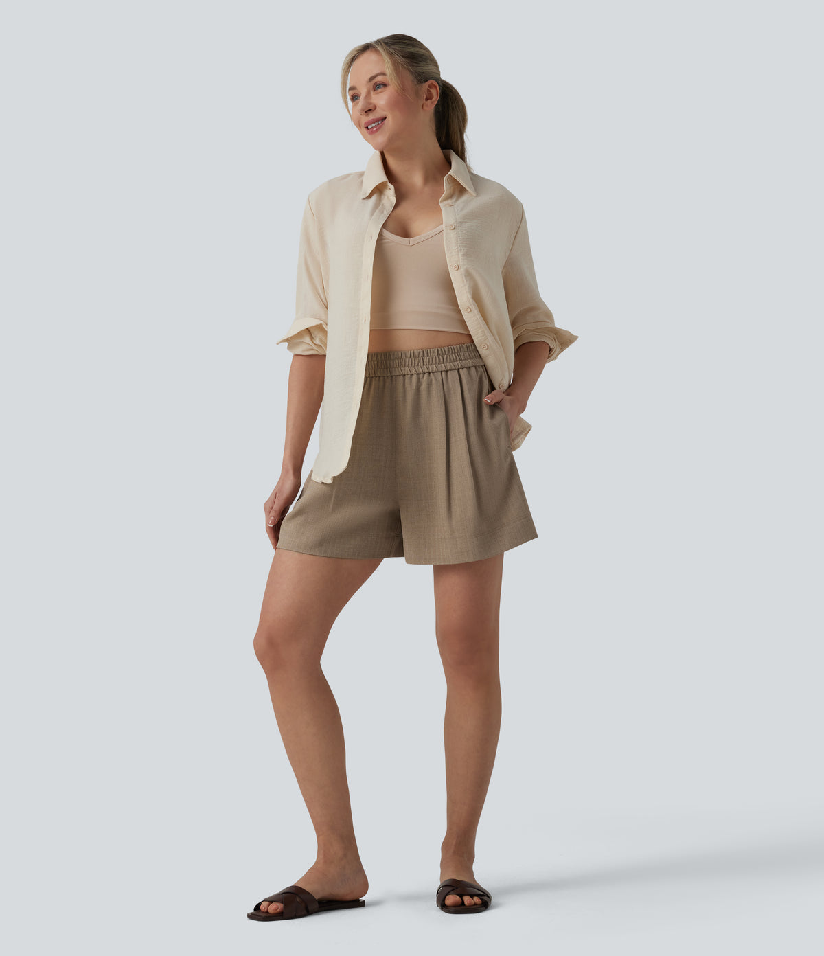 High Waisted Casual Linen-Feel Shorts with Pockets — Portabella — view 5