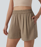 High Waisted Casual Linen-Feel Shorts with Pockets — Portabella — view 1