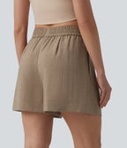 High Waisted Casual Linen-Feel Shorts with Pockets — Portabella — view 2