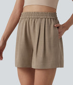 High Waisted Casual Linen-Feel Shorts with Pockets — Portabella — view 4