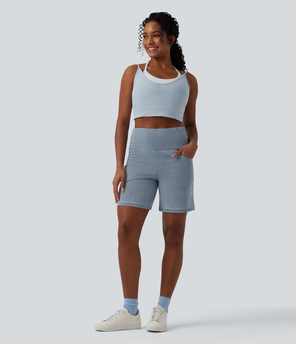 High Waisted Tummy Control Denim Casual Shorts 7'' with Pockets — Malibu Blue Denim — view 6