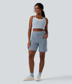 High Waisted Tummy Control Denim Casual Shorts 7'' with Pockets — Malibu Blue Denim — view 6