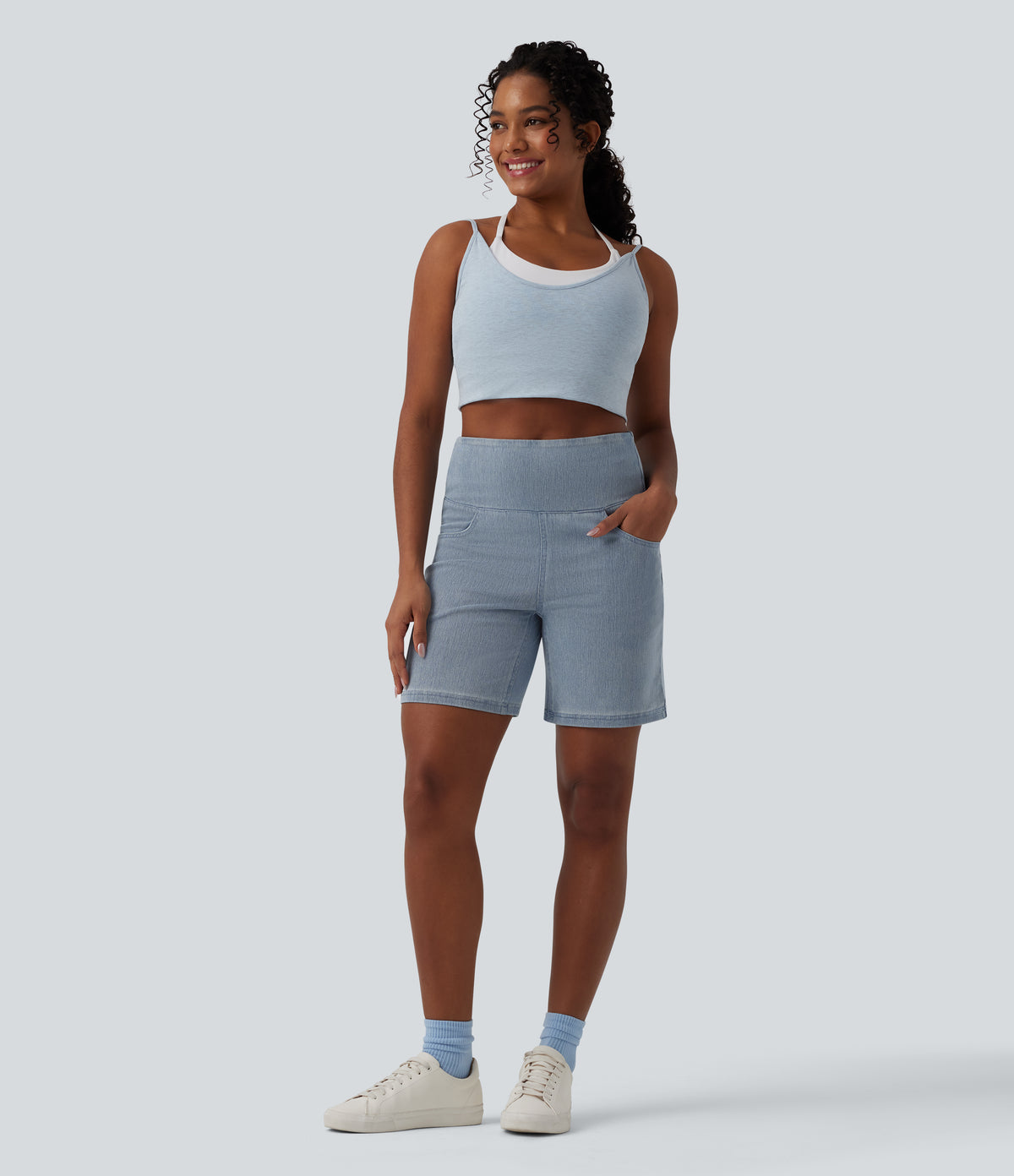 High Waisted Tummy Control Denim Casual Shorts 7'' with Pockets — Malibu Blue Denim — view 6
