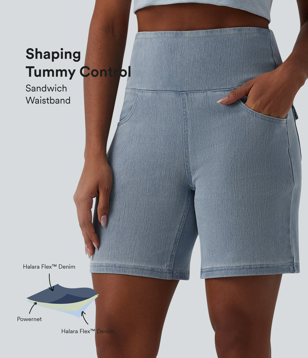 High Waisted Tummy Control Denim Casual Shorts 7'' with Pockets — Malibu Blue Denim — view 1