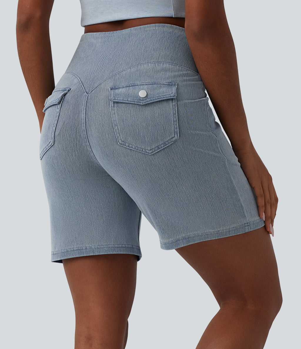 High Waisted Tummy Control Denim Casual Shorts 7'' with Pockets — Malibu Blue Denim — view 2