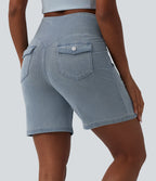 High Waisted Tummy Control Denim Casual Shorts 7'' with Pockets — Malibu Blue Denim — view 2
