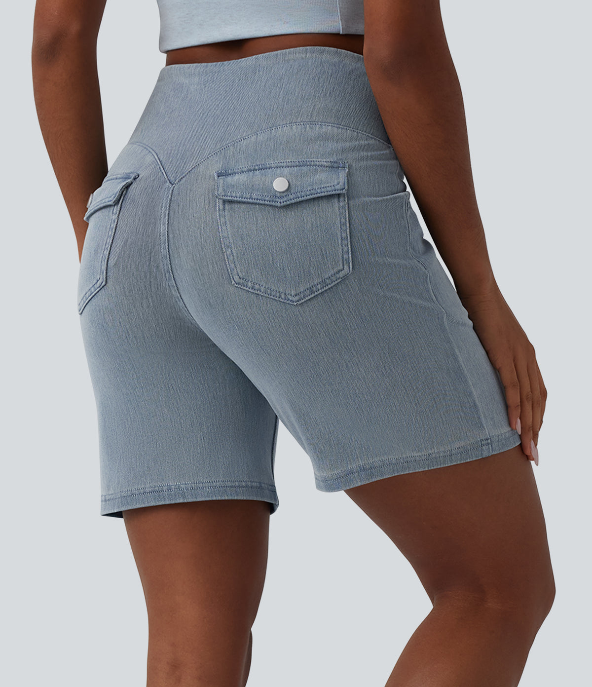 High Waisted Tummy Control Denim Casual Shorts 7'' with Pockets — Malibu Blue Denim — view 2