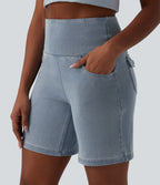 High Waisted Tummy Control Denim Casual Shorts 7'' with Pockets — Malibu Blue Denim — view 5