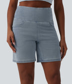 High Waisted Tummy Control Denim Casual Shorts 7'' with Pockets — Malibu Blue Denim — view 3