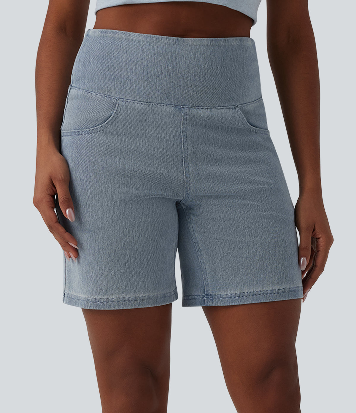 High Waisted Tummy Control Denim Casual Shorts 7'' with Pockets — Malibu Blue Denim — view 3