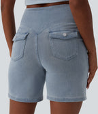 High Waisted Tummy Control Denim Casual Shorts 7'' with Pockets — Malibu Blue Denim — view 4