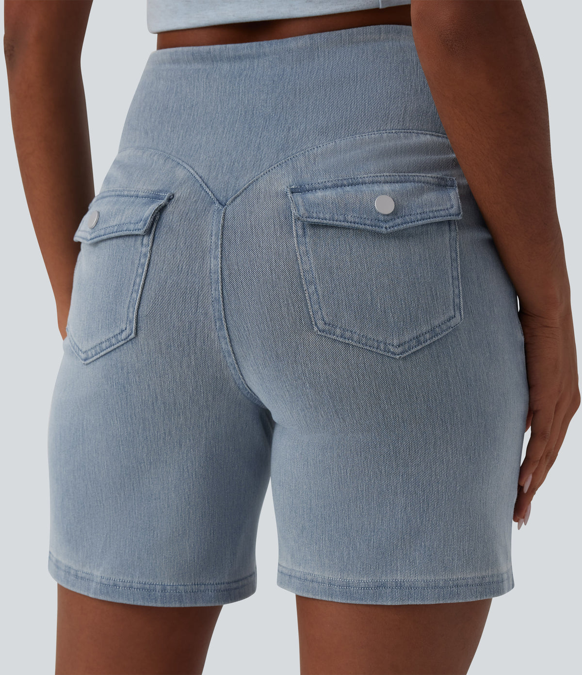 High Waisted Tummy Control Denim Casual Shorts 7'' with Pockets — Malibu Blue Denim — view 4
