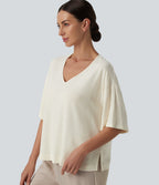 V Neck Half Sleeve Casual Linen-Feel Top — Light Gray — view 1