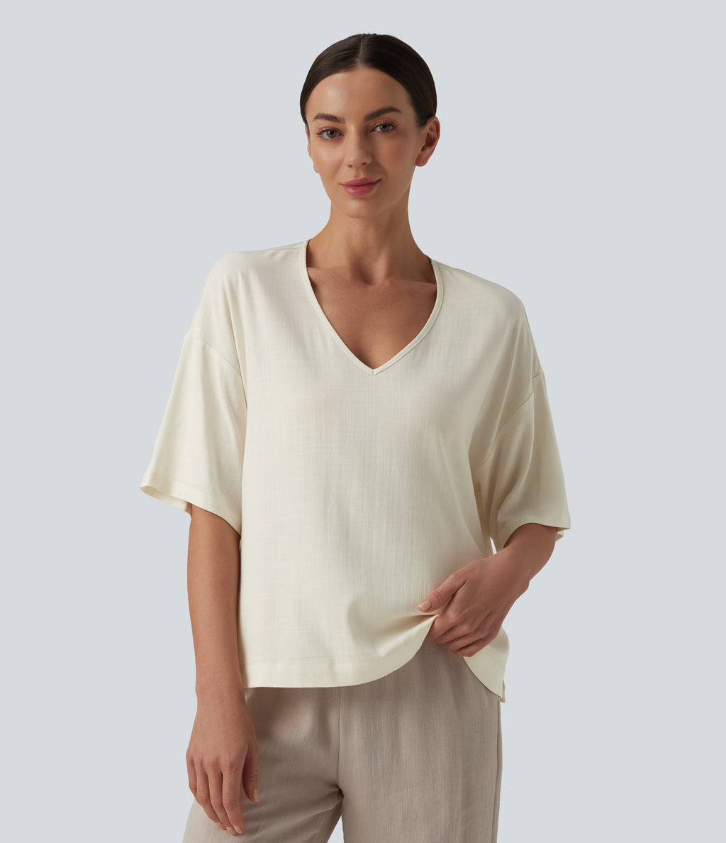 V Neck Half Sleeve Casual Linen-Feel Top — Light Gray — view 3