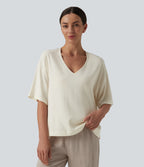 V Neck Half Sleeve Casual Linen-Feel Top — Light Gray — view 3