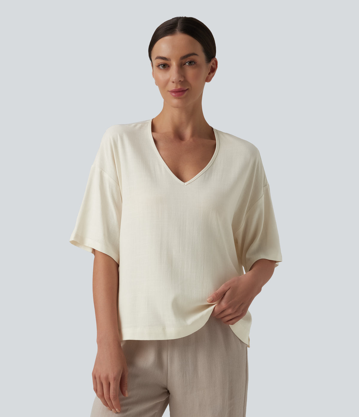 V Neck Half Sleeve Casual Linen-Feel Top — Light Gray — view 3