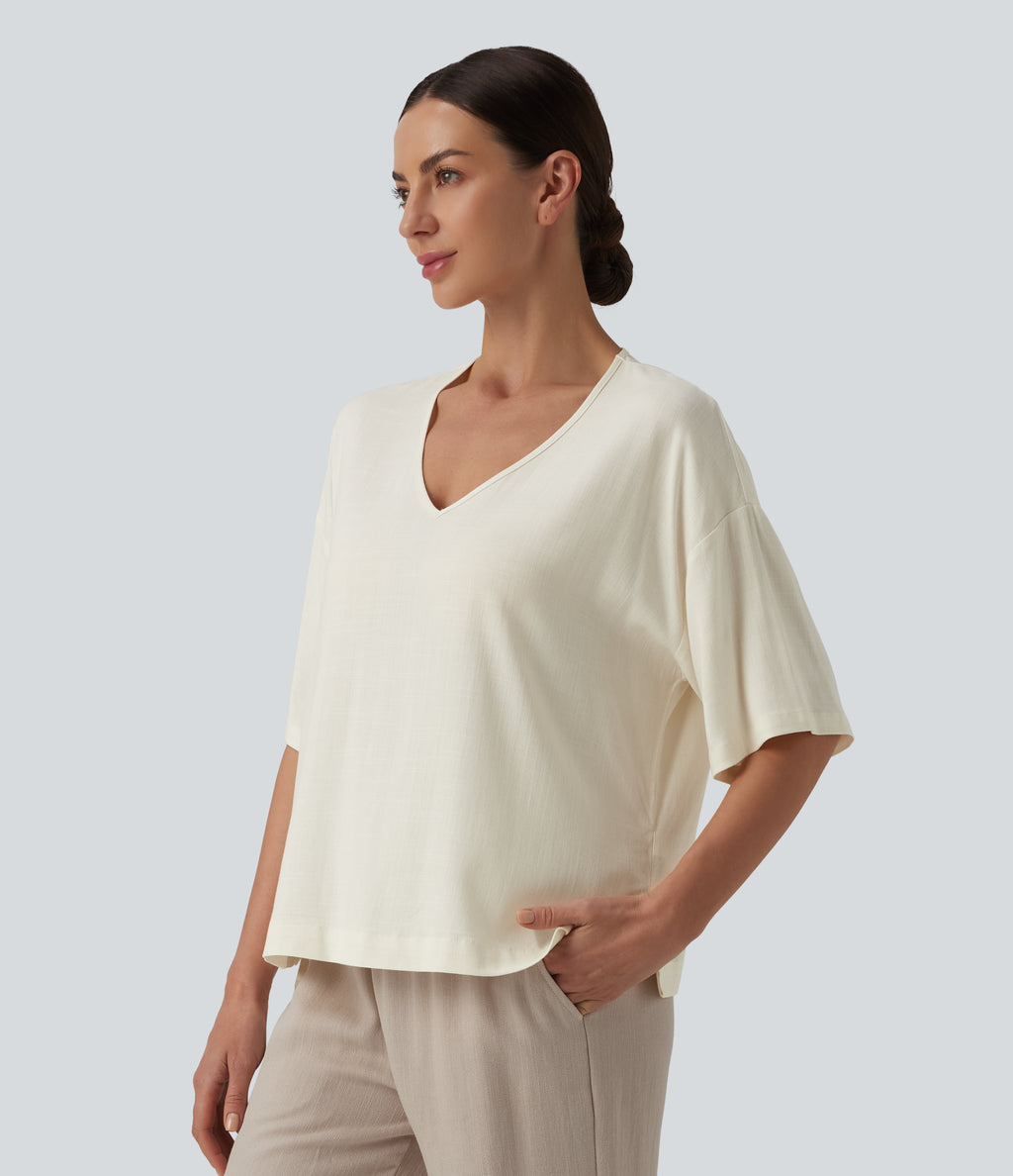 V Neck Half Sleeve Casual Linen-Feel Top — Light Gray — view 4