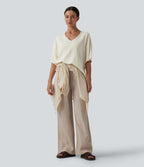 V Neck Half Sleeve Casual Linen-Feel Top — Light Gray — view 6
