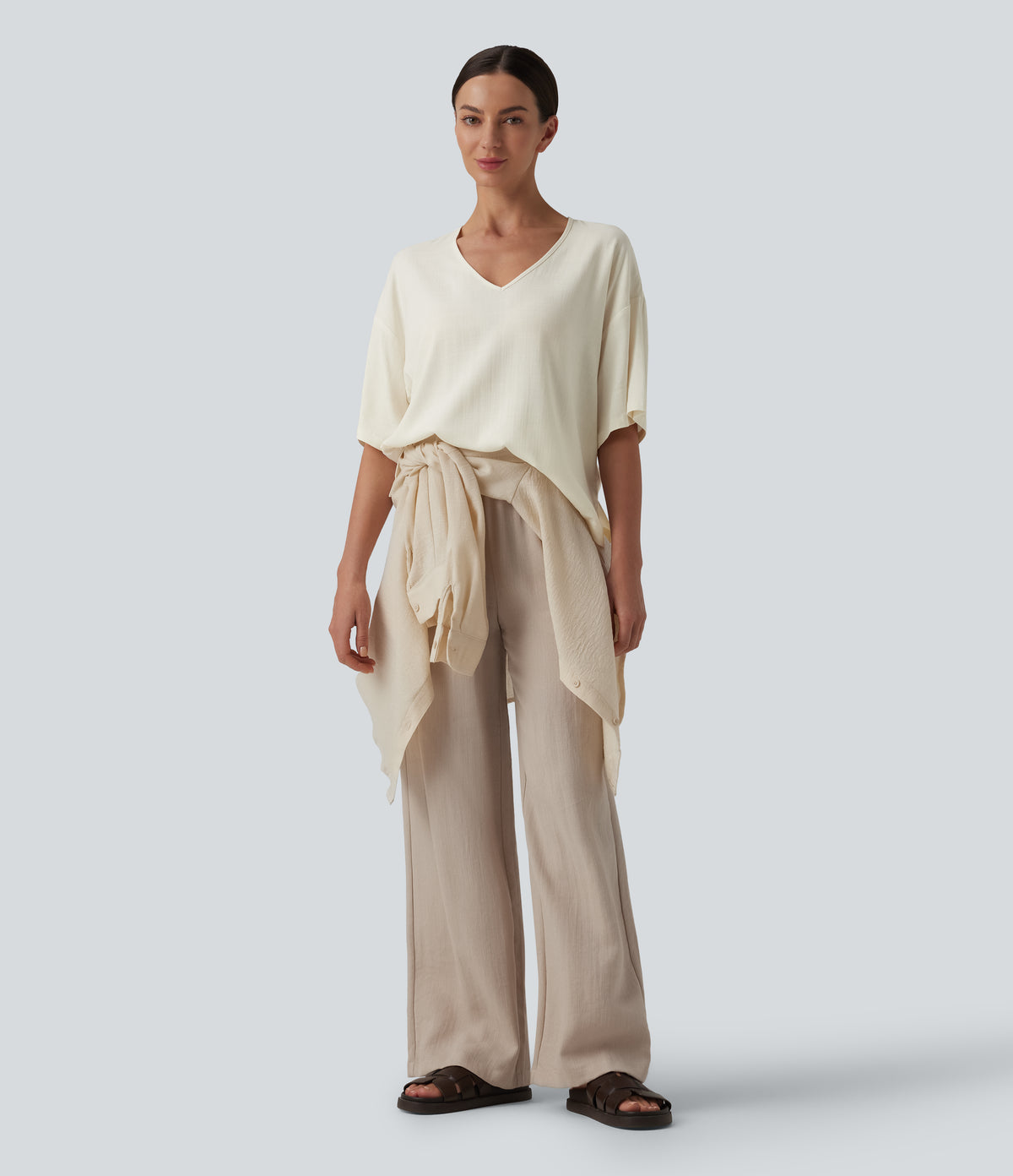 V Neck Half Sleeve Casual Linen-Feel Top — Light Gray — view 6