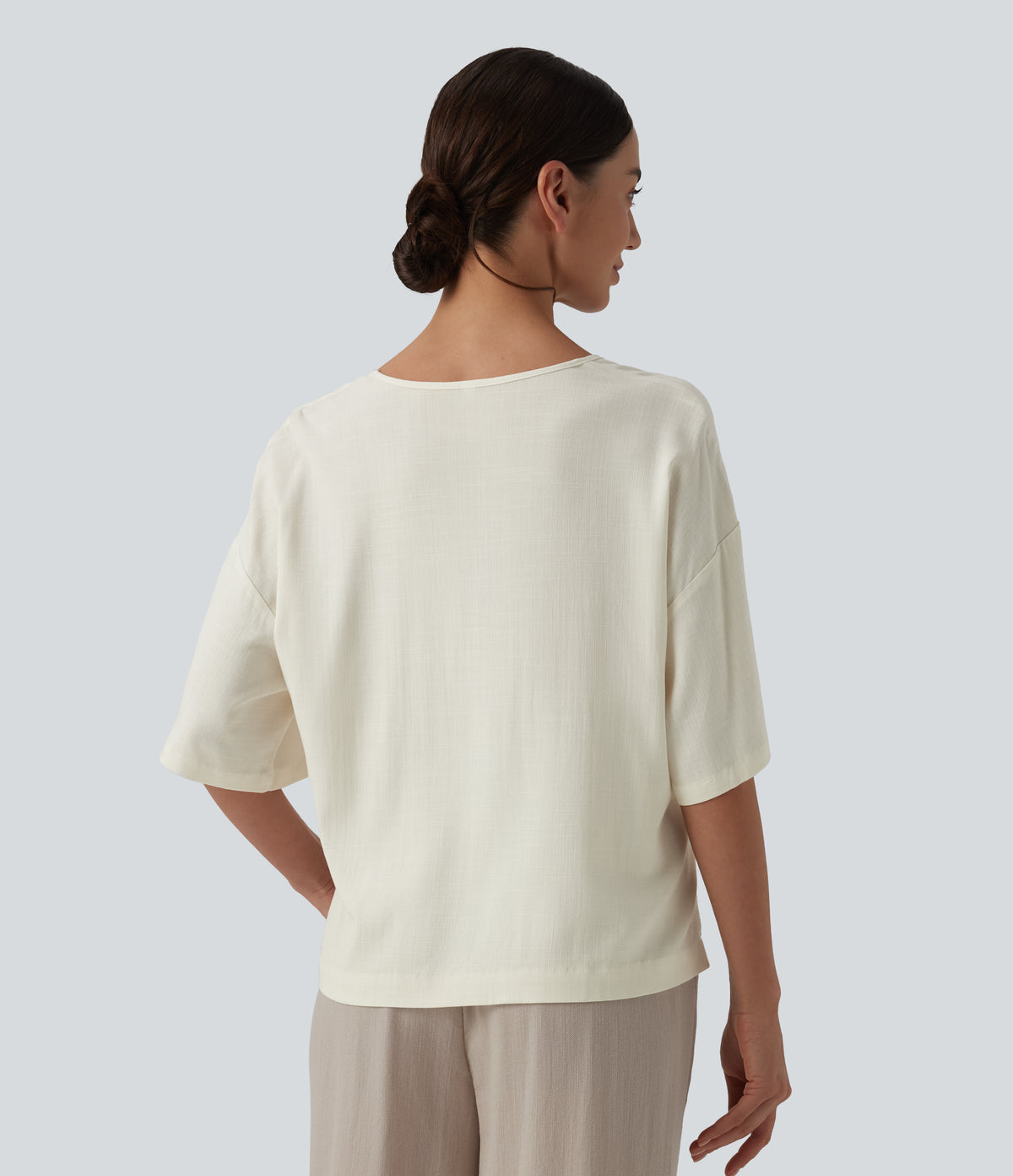 V Neck Half Sleeve Casual Linen-Feel Top — Light Gray — view 2