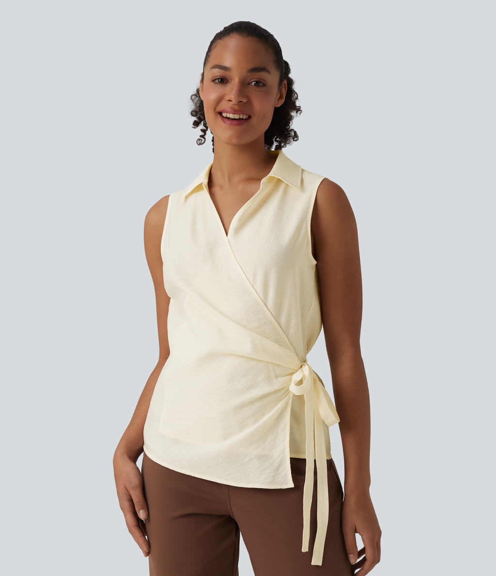 V Neck Sleeveless Wrapped Tie Side Work Shirt — Antique White — view 3