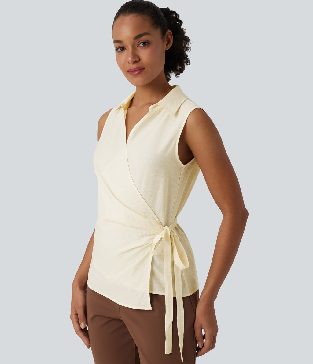 V Neck Sleeveless Wrapped Tie Side Work Shirt — Antique White — view 1