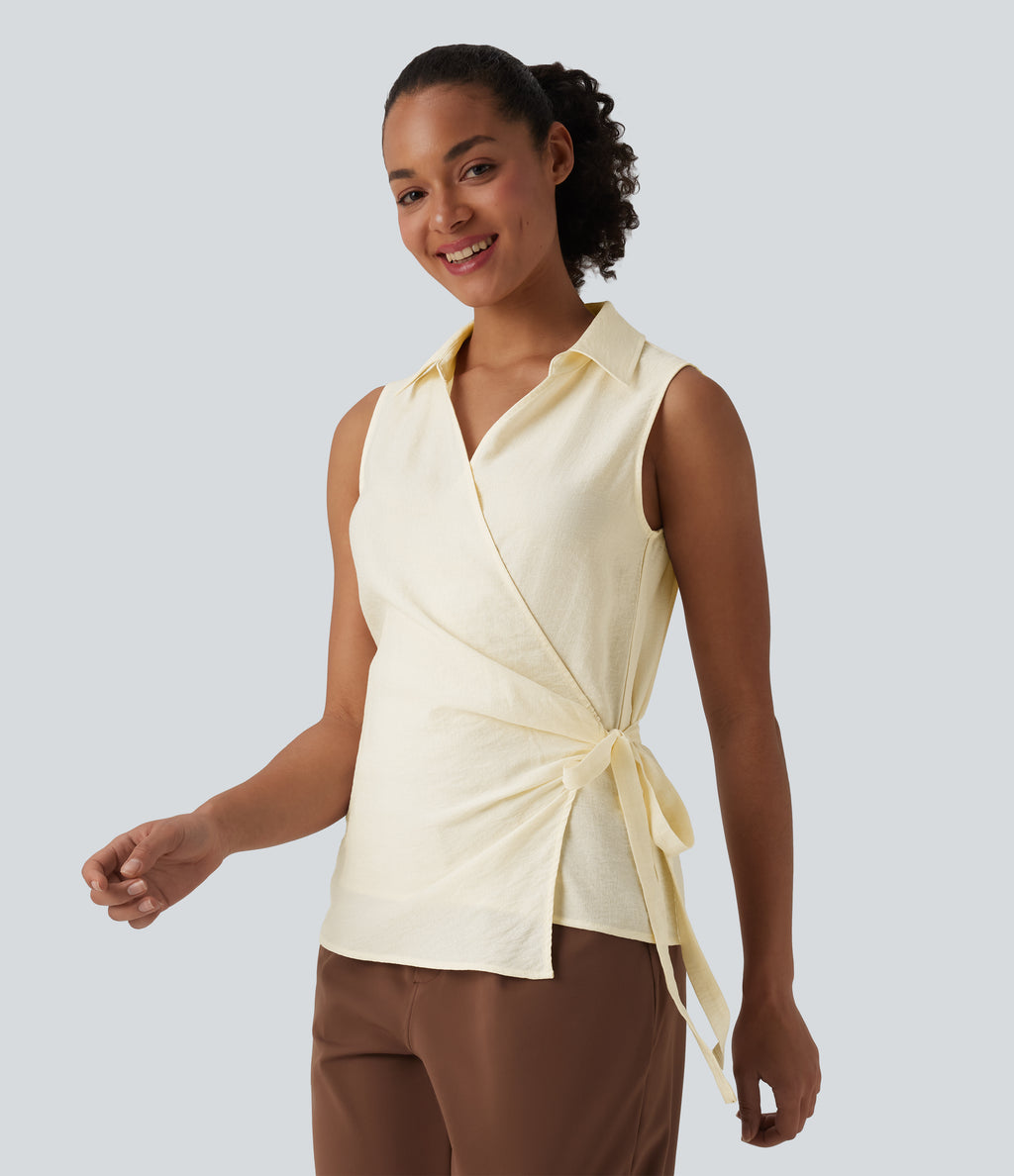 V Neck Sleeveless Wrapped Tie Side Work Shirt — Antique White — view 4