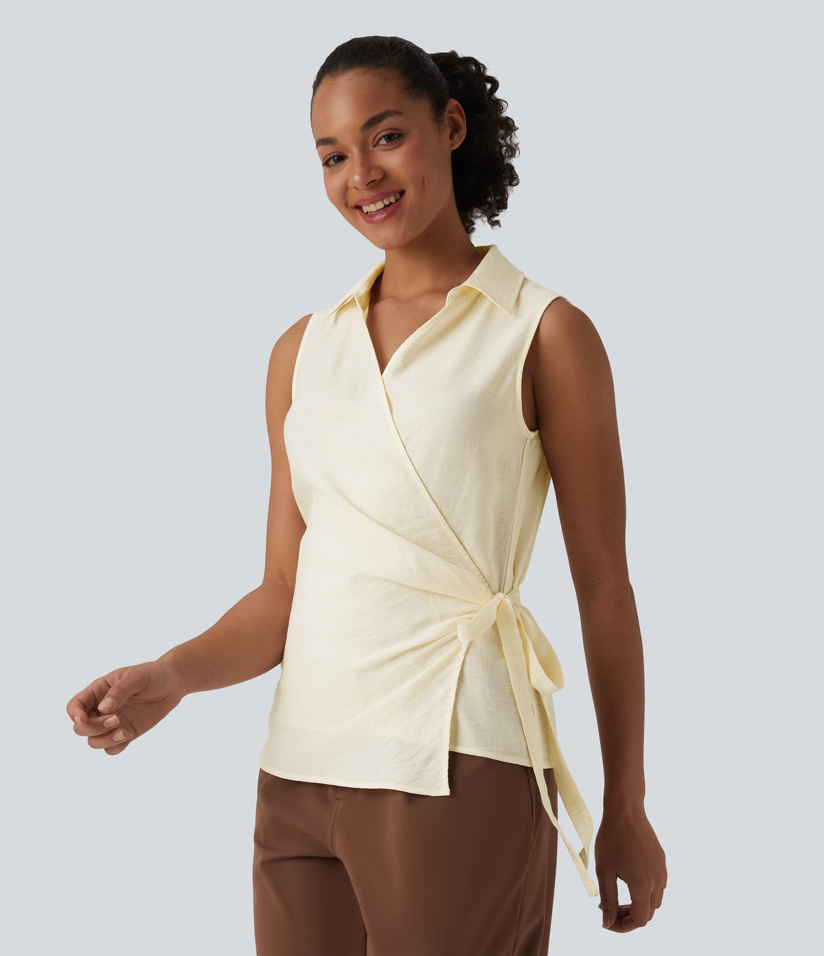 V Neck Sleeveless Wrapped Tie Side Work Shirt — Antique White — view 4